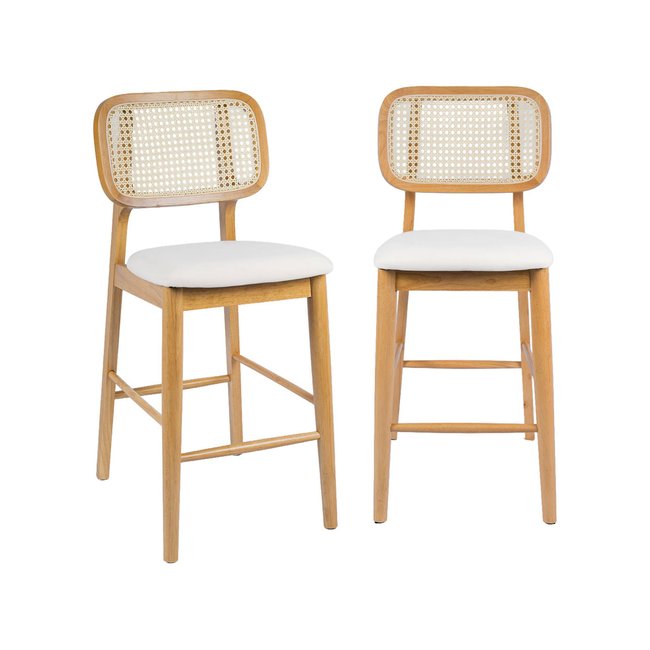 Tabouret de bar bois d'hévéa cannage et tissu 66,5cm (lot de 2) MANI Couleur naturel <span itemprop=