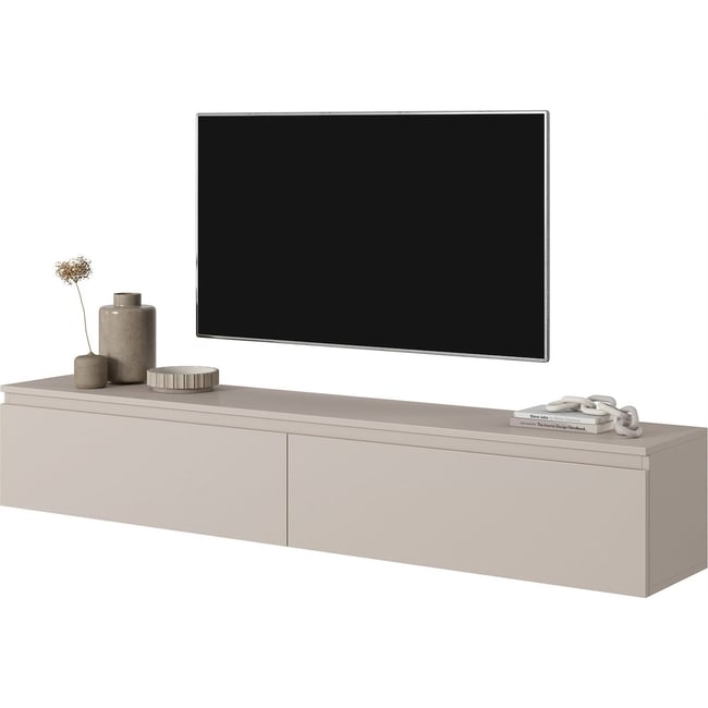 Meuble tv suspendu bois collection SENEY Couleur gris beige <span itemprop=