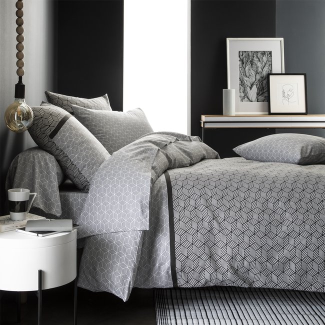 Housse de couette imprimée en bambou, Made in France, QUENTIN blanc et noir <span itemprop=
