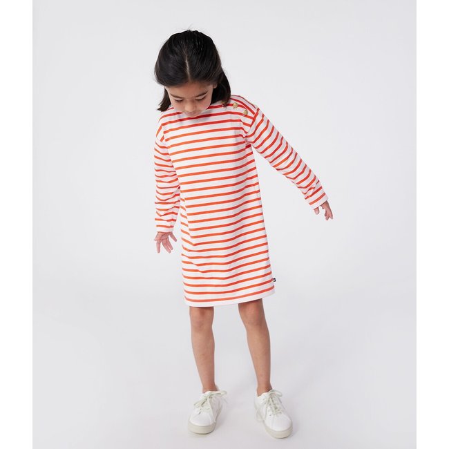 Robe manches longues à rayures en coton blanc + rouge <span itemprop=