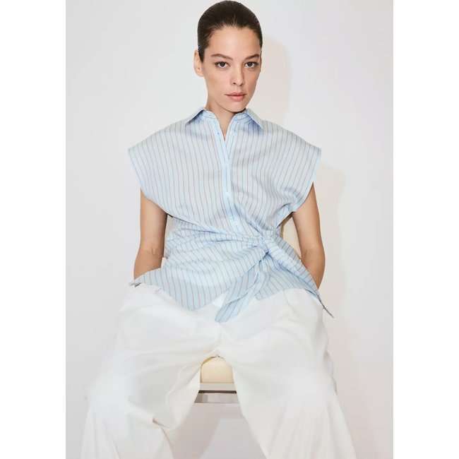 Chemise en lyocell à rayures détail nœud bleu ciel <span itemprop=
