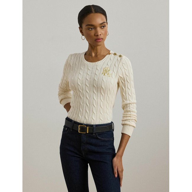 Cable Knit Jumper with Crew Neck, ecru, LAUREN RALPH LAUREN