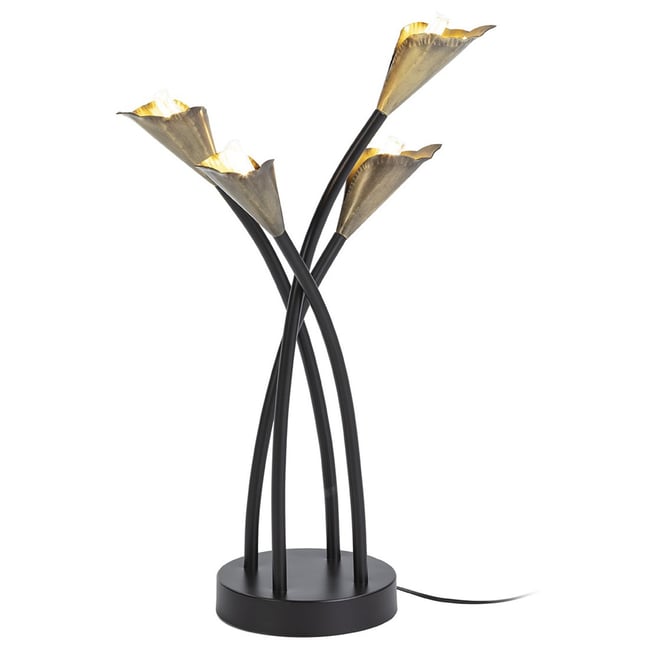 Lampe de table fleur en métal Couleur noir et doré antique <span itemprop=