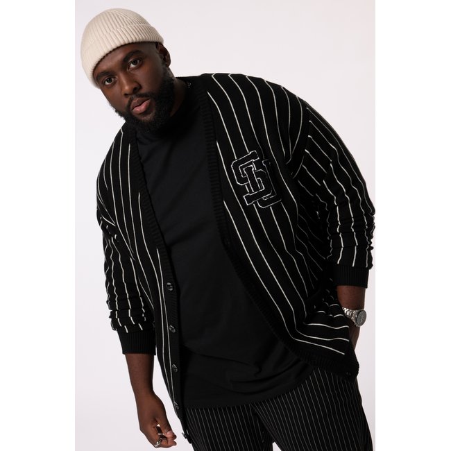 Cardigan col en V, fines rayures et flocage noir <span itemprop=