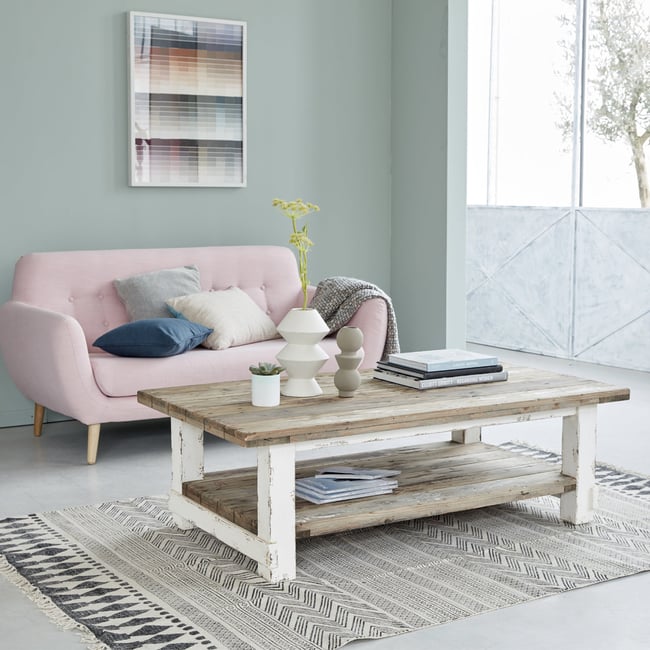 Table basse en bois recyclé massif 140 cm double plateau  ATLANTIC Couleur blanc <span itemprop=