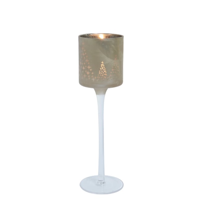 Photophore de noël à pied en verre dépoli H25 NOËL Couleur gris <span itemprop=