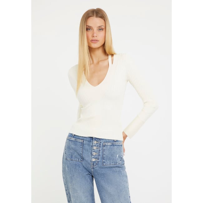 Pull Viscose Mélangée Encolure V blanc <span itemprop=