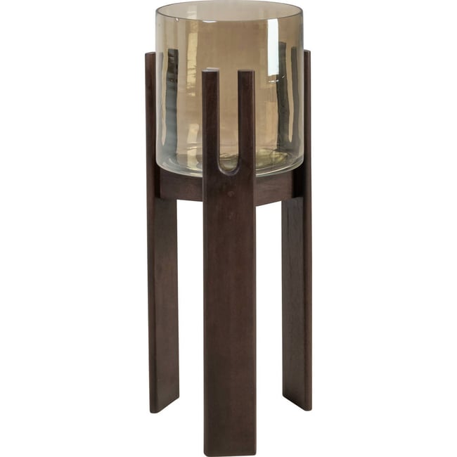 Photophore sur pied en verre et manguier Couleur noyer et verre fumé ambré <span itemprop=