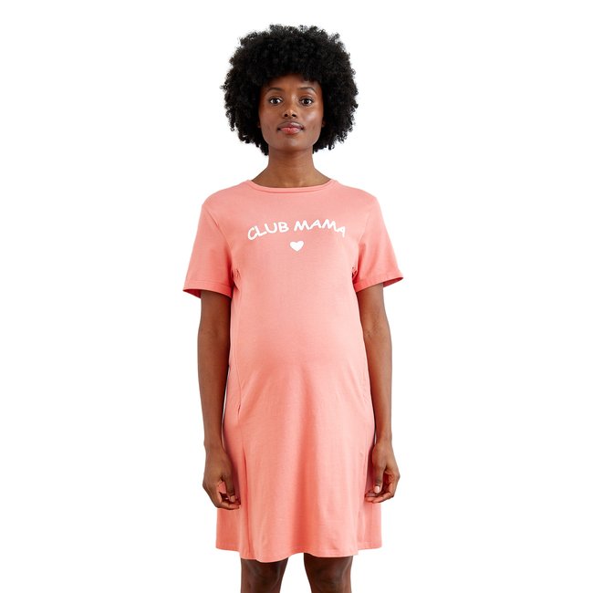 Chemise de nuit T-shirt grossesse et allaitement en coton bio rose <span itemprop=