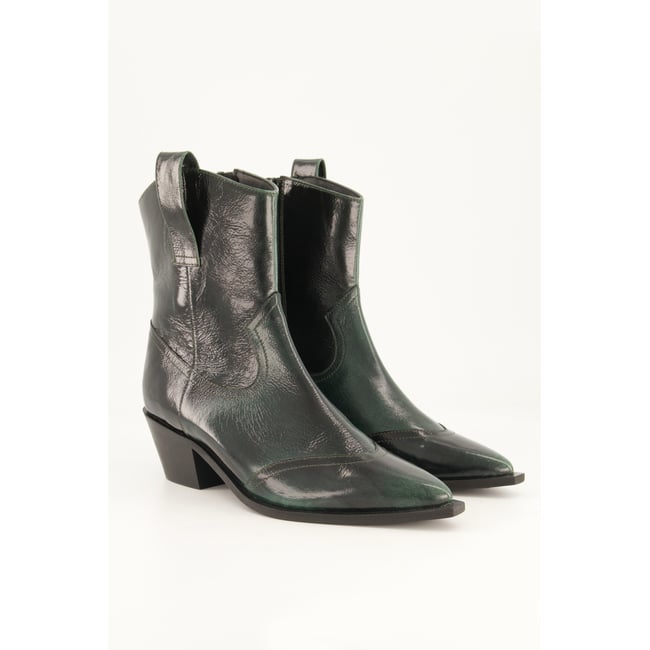 Bottines en cuir esprit santiags , pied large olive foncé <span itemprop=
