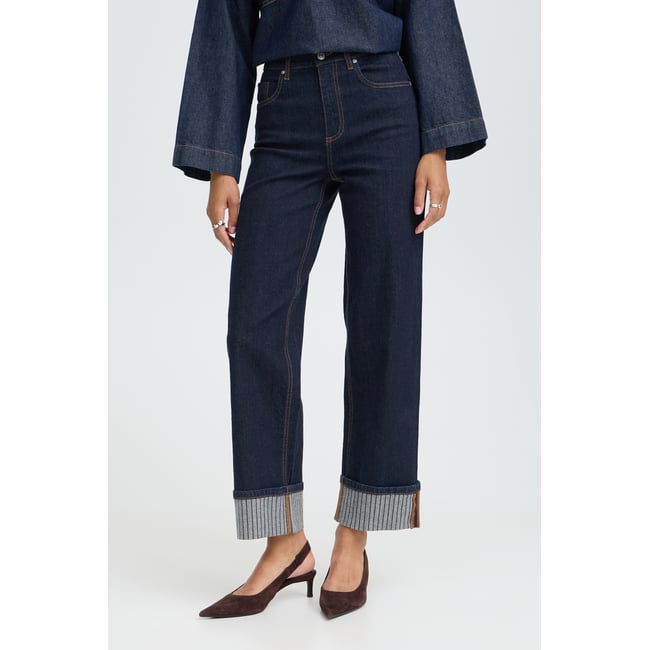 Jean coupe droite à taille haute, revers en bas des jambes bleu rinse blue denim <span itemprop=
