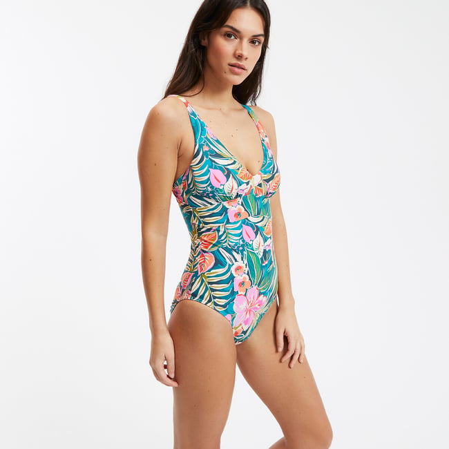 Maillot de bain 1 pièce triangle, imprimé floral  imprimé exotique <span itemprop=