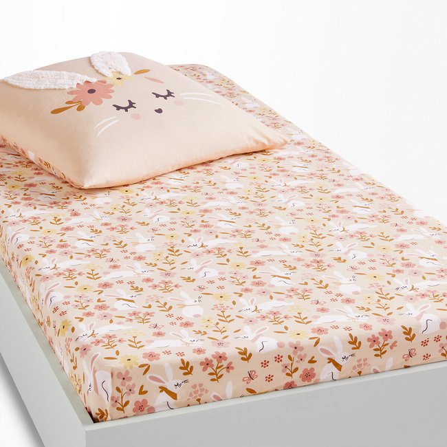 Drap-housse enfant coton biologique, Lapin fleuri imprimé rose LA REDOUTE INTERIEURS