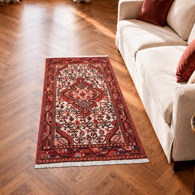 Tapis d'orient, motif oriental artisanal, noué main, HAMADAN 30 Couleur crème, rose, rouge <span itemprop=