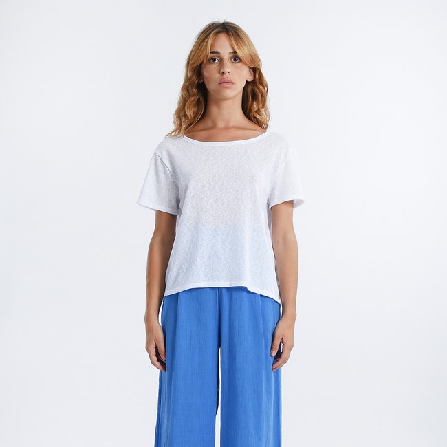T-shirt manches courtes dos ouvert croisé blanc <span itemprop=