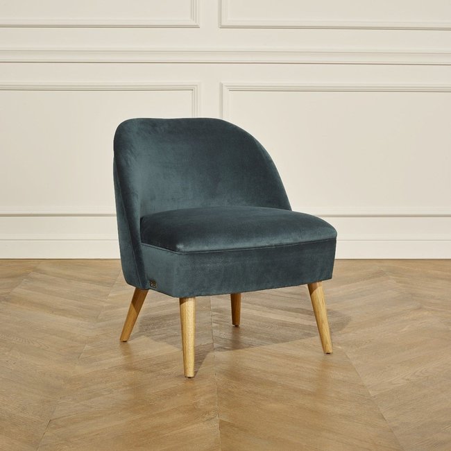 Fauteuil crapaud , chêne et velours - MIA Couleur bleu paon <span itemprop=