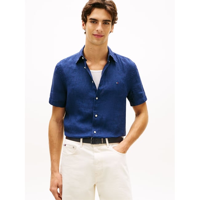 Chemise manches courtes en lin bleu marine <span itemprop=