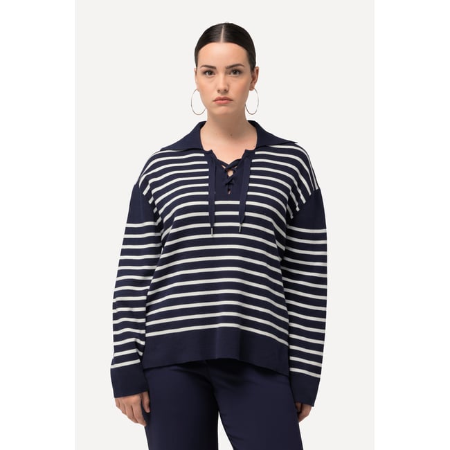 Pull, rayures, col marin, laçage marine <span itemprop=