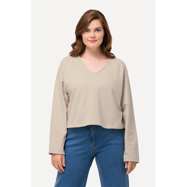 Sweat court, col V, manches longues crème <span itemprop=