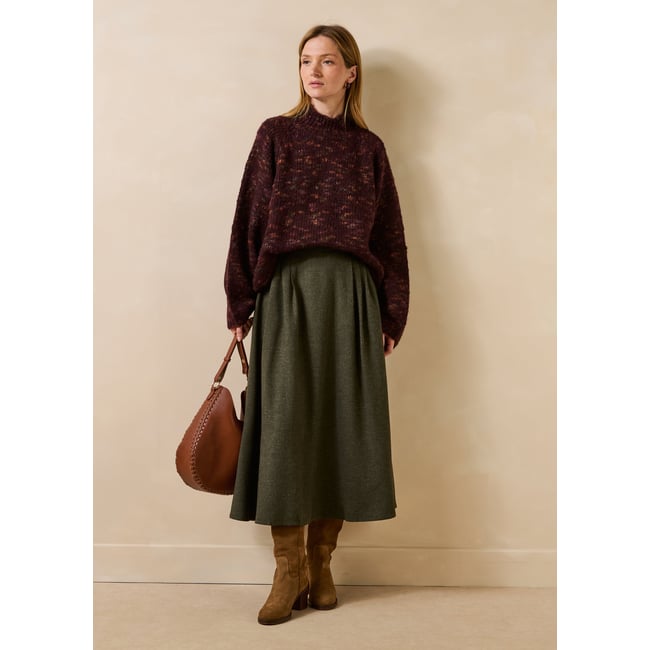 Jupe longue en flanelle taille élastiquée kaki <span itemprop=