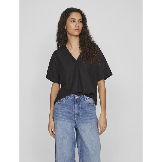 Short Sleeve V-Neck Blouse, black, VILA