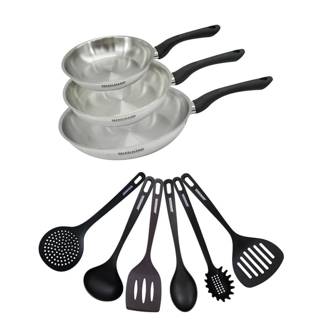 Set 3 poêles 20 24 et en inox et 6 ustensiles GENEVA inox|noir <span itemprop=