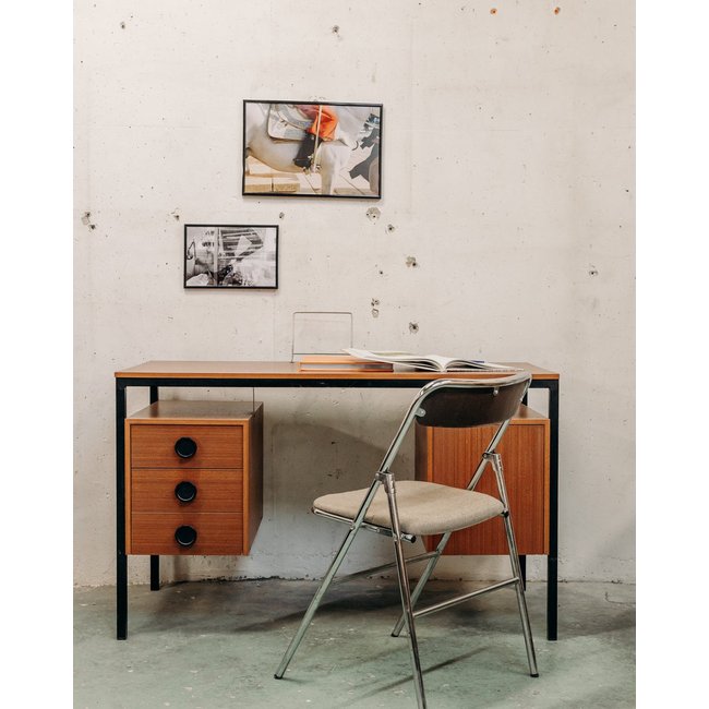 Bureau en métal et bois Yvan N°162 - Bon état Couleur bois <span itemprop=