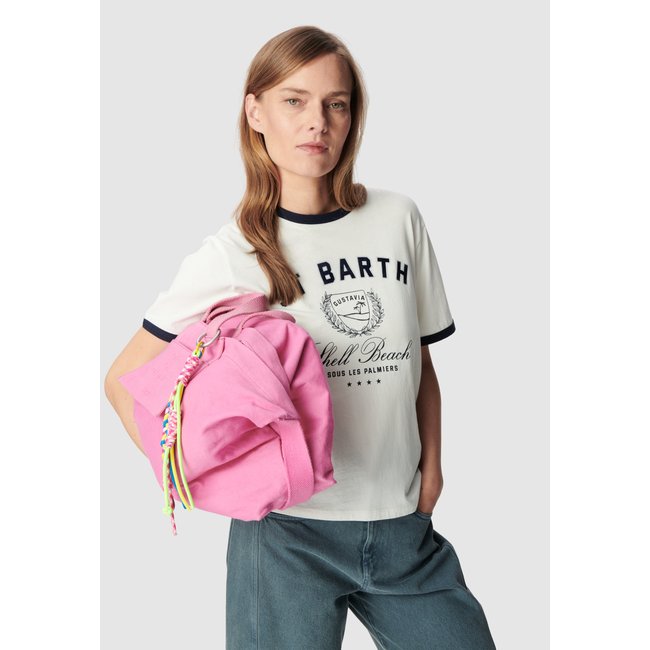 Tee-shirt col rond coton bio message off-white <span itemprop=