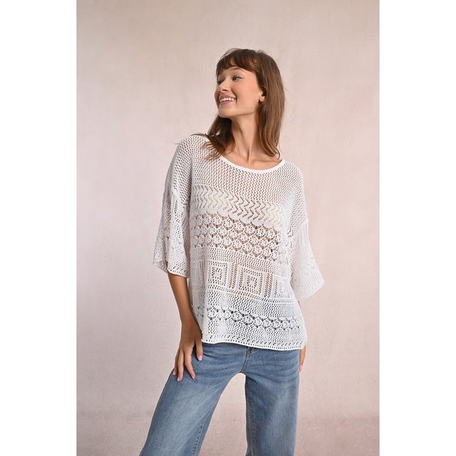 Pull ajouré manches 3/4 blanc <span itemprop=