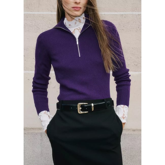 Pull-over zippé maille côtelée pourpre <span itemprop=