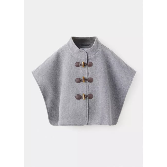 Cape en drap de laine avec brandebourg gris chiné moyen <span itemprop=