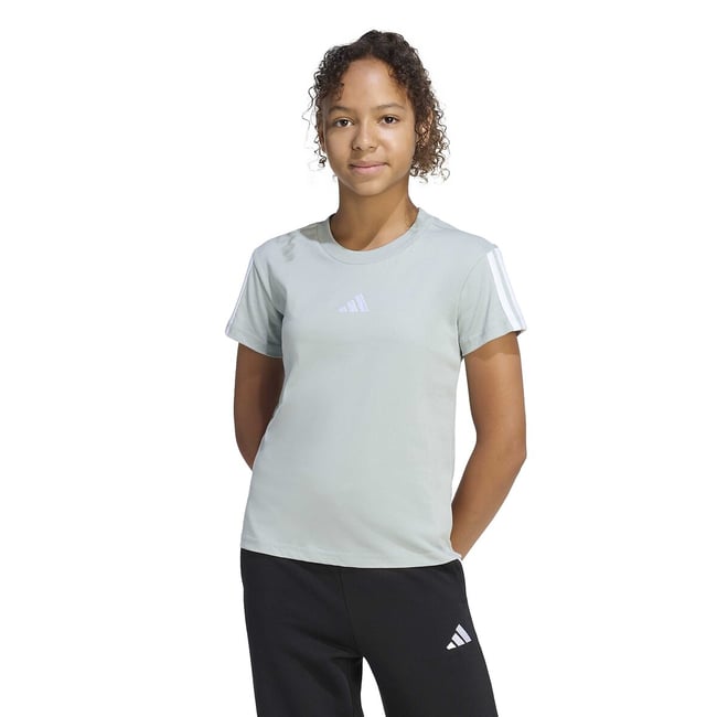 T-shirt manches courtes, 3 bandes, ESSENTIALS vert grisé <span itemprop=