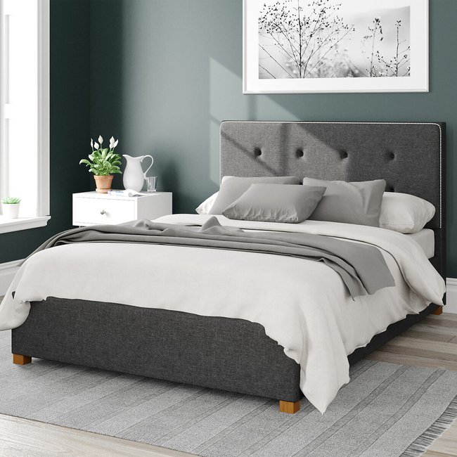 Presley Herringbone Twill Storage Ottoman Bed with Studded Upholstered Headboard - ASPIRE