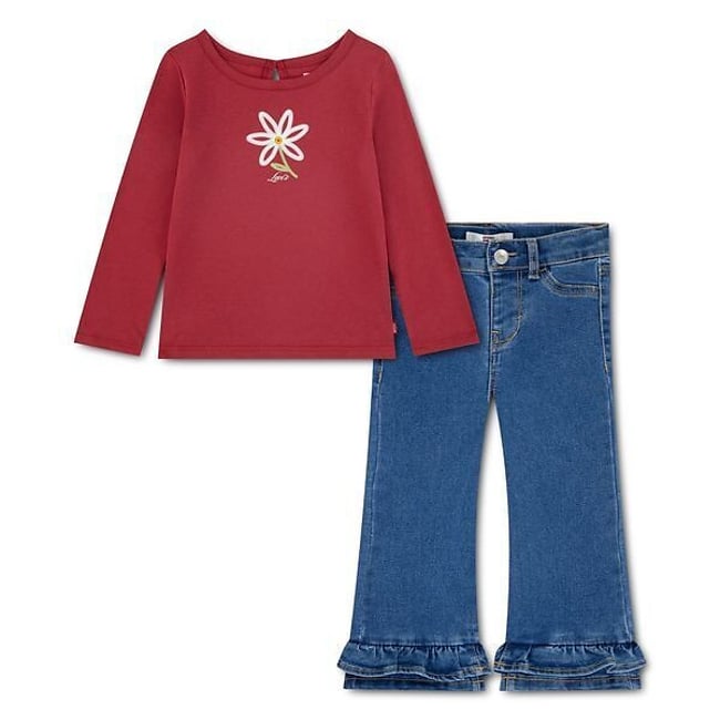 Ensemble sweat col rond avec broderie devant et jean rouge + bleu <span itemprop=