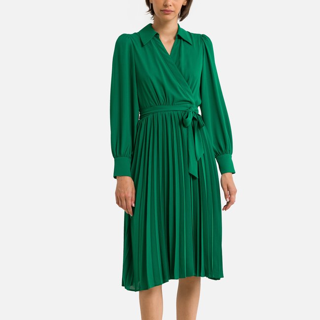 Robe plissée mi-longue, manches longue CRISTAL vert <span itemprop=