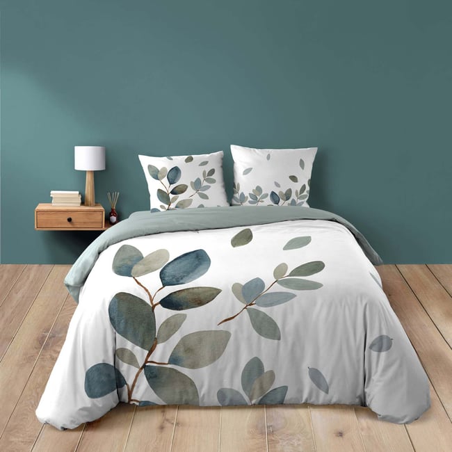 Parure de lit 3 pièces 100 % coton imprimé à motif végétal housse + taies bleu <span itemprop=