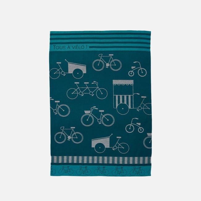 Torchon jacquard en coton TOUS À VÉLO bleu <span itemprop=