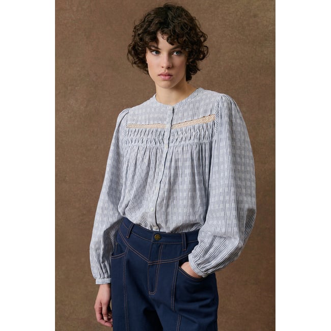 Blouse col rond rayée, JALLY rayé bleu/écru <span itemprop=