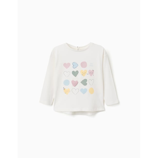 T-shirt en coton à manches longues avec cœurs imprimés blanc <span itemprop=