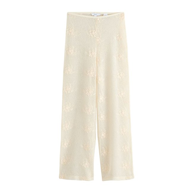 Pantalon large en maille à fleurs écru <span itemprop=