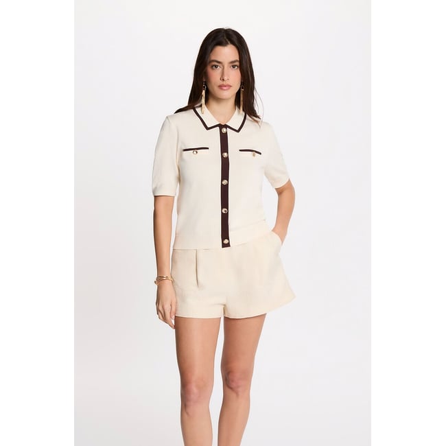 Gilet manches courtes ivoire/chocolat <span itemprop=