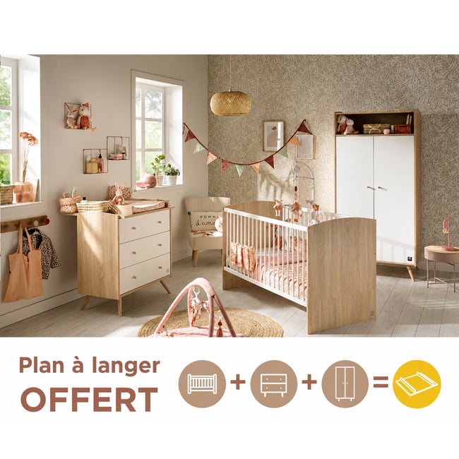 Chambre bébé trio: Lit bébé 70x140 évolutif, commode à langer 3 tiroirs et armoire 2 portes décor bois chêne et blanc Couleur blanc/marron <span itemprop=