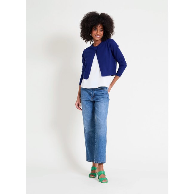Gilet droit col rond à double attache MINA bleu moyen <span itemprop=