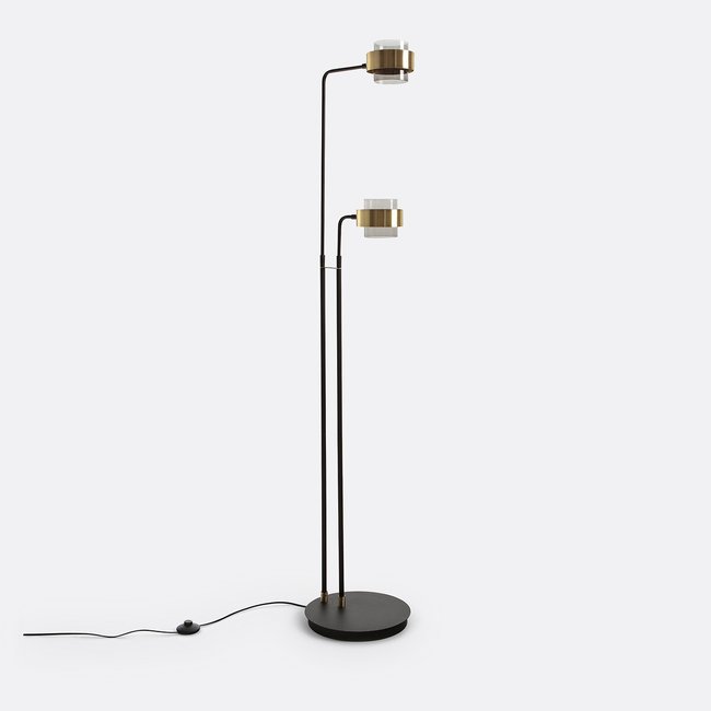 Stehlampe Botello, 2-flammig, Glas und Eisen schwarz/messingfarben <span itemprop=