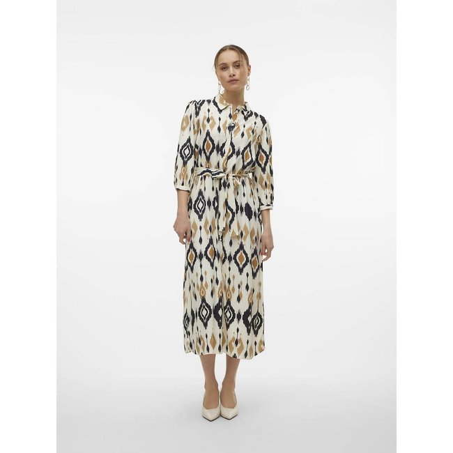 Printed Midi Dress with Tie-Waist, ecru print, VERO MODA