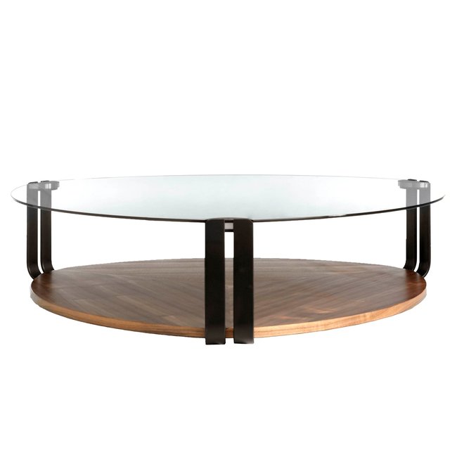 Table basse triangulaire en verre trempé, acier et noyer Couleur noyer | verre | noir <span itemprop=