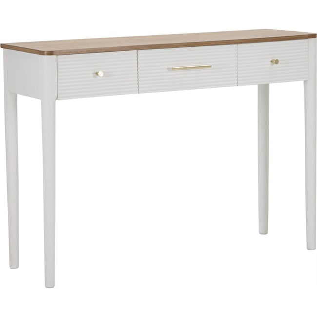 Console en frêne 3 tiroirs façades rainurées Couleur blanc et marron <span itemprop=