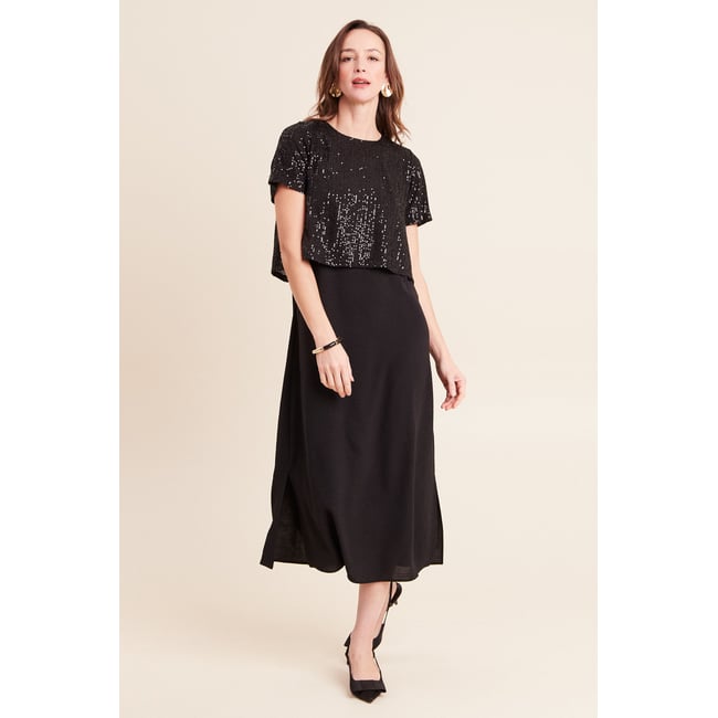 Robe longue évasée 2 en 1 col rond noir <span itemprop=
