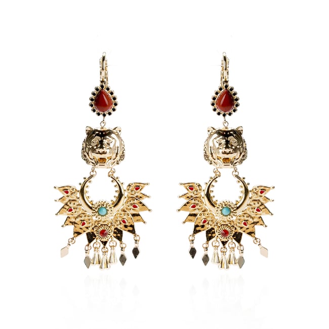 Boucles d'oreilles pendantes dormeuses tête de tigre JEANNIE doré <span itemprop=