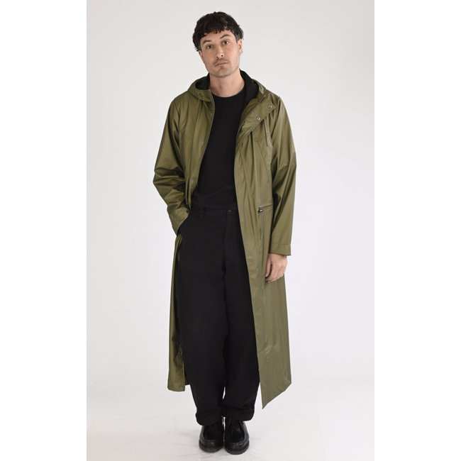 Veste imperméable longue à capuche kaki <span itemprop=